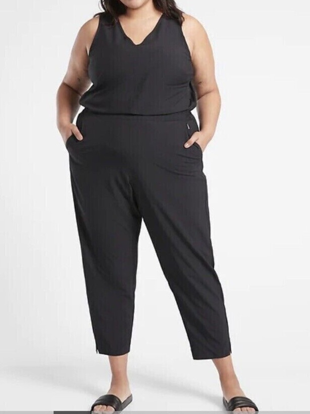 ATHLETA BROOKLYN JUMPSUIT Black Ankle Length Semi Fitted Comfortable Size 22